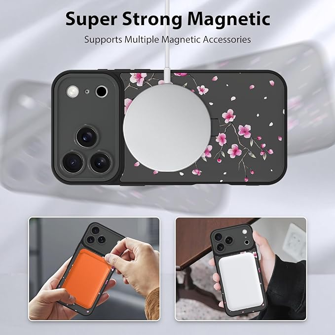 KANGHAR Compatible with iPhone 17 Pro Max Case, Magnetic Compatible with MagSafe, Cute Flower Floral Pattern Wristband Kickstand Full Camera Lens Shockproof Protective Case for Girls Women, Black