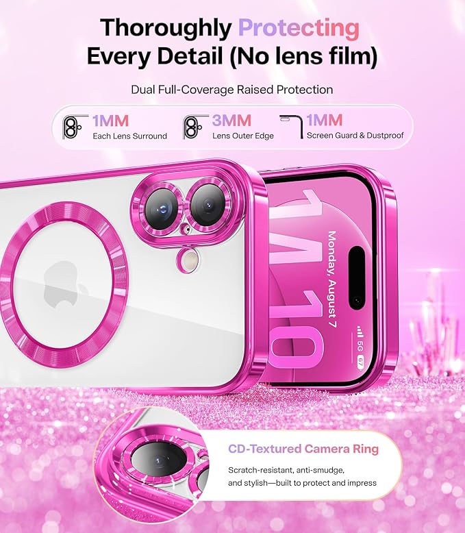 Meifigno Designed for iPhone 17 Case, [Glitter Card & Wrist Strap] [Compatible with MagSafe] [1HD+1X Privacy Screen Protectors] Surround Raised Lens Protection for iPhone 17 Case 6.3 Inch, Hot Pink