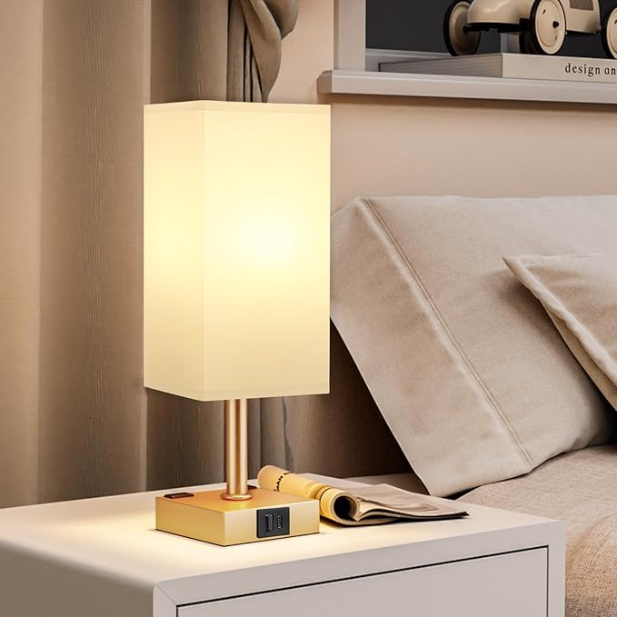 aooshine Gold White Touch Table Lamp - Bedside Lamp with USB A + Type C Charging Ports and Two AC Outlets, Small Night Stand with E26 LED Bulb, Desk Light for Bedroom Living Room Office Dorm