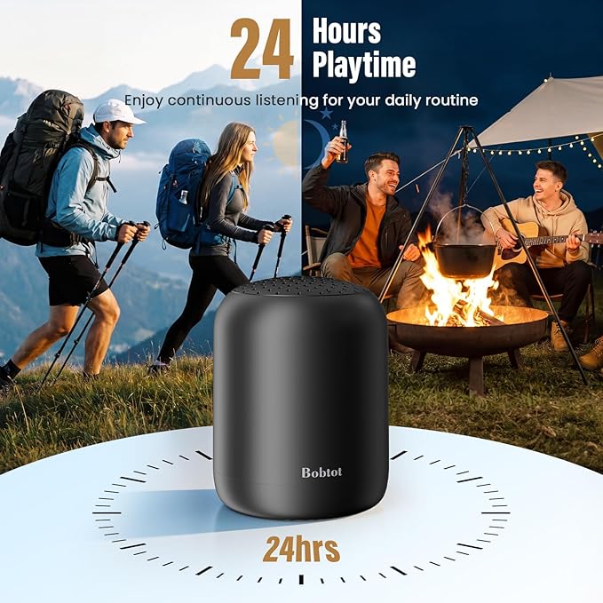 Bobtot Portable Bluetooth Speakers Wireless, Waterproof Shower Speaker with 24H Playtime, Loud Stereo Sound, TWS, Hands-Free Calling, Small Size with Strap Easy to Carry, Black
