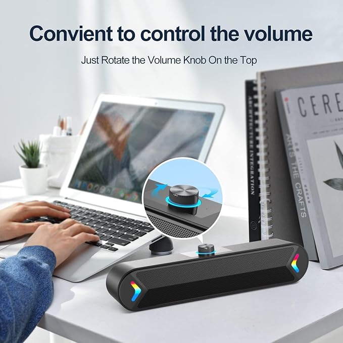 LENRUE Computer Speakers,PC Speakers for Desktop,Wired USB-Powered Sound-bar for Computer with 10W Stereo Sound and Colorful Light,Plug-n-Play (A39PRO /Black)