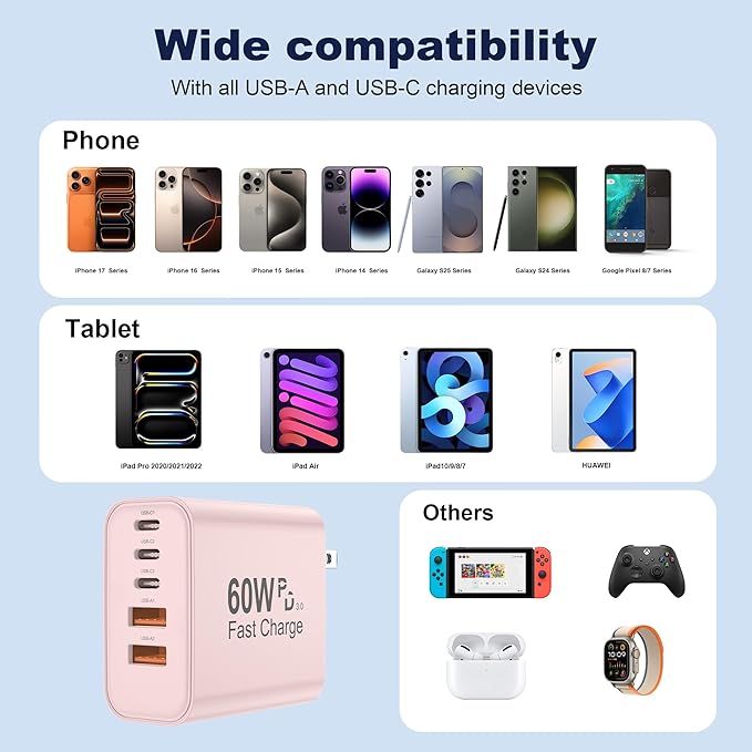 USB C Charger Block, 60W 5 in 1 Charging Blocks, PD 3.0 Fast Charger, QC 2A Pink Wall Plug Multiport Type C Charging Block for iPhone 17 16 15 14 13 12 Pro Max, iPad, iPod, Samsung, AirPods Pro