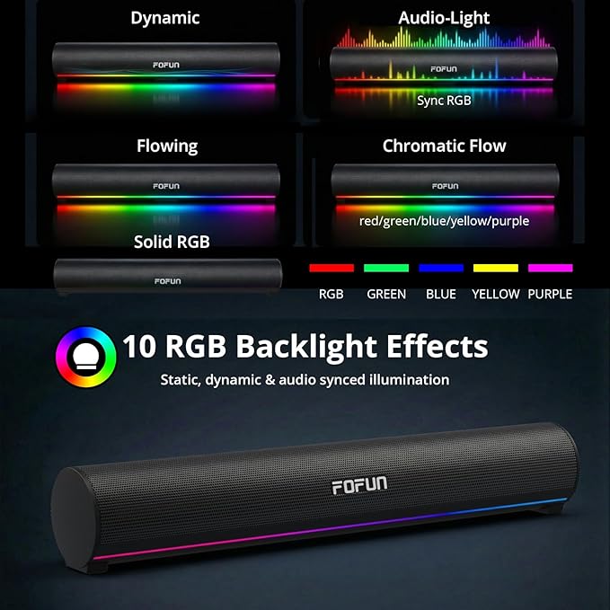 Computer Sound Bar with Detachable ENC Microphone, Enhanced Bass Gaming Soundbar, Bluetooth 6.0, USB-A Plug and Play, PC and Bluetooth Mode, 3EQ, 10 RGB Speaker for Gaming, Music,Meeting
