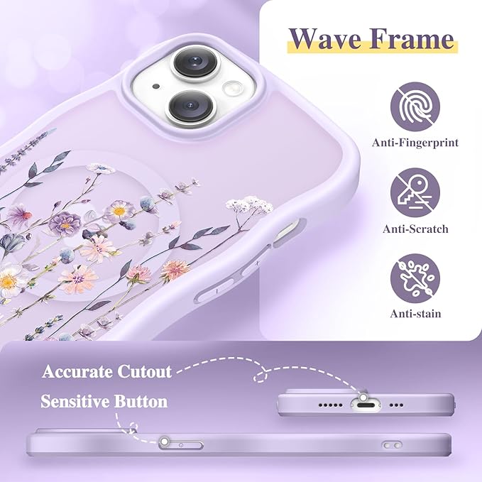 GVIEWIN Cute for iPhone 14 Case & iPhone 13 Case [Compatible with MagSafe] [Curly Wave Edge] Floral Translucent Magnetic Shockproof Protective Phone Cover for iPhone 14/13 6.1'', Floratopia/Colorful