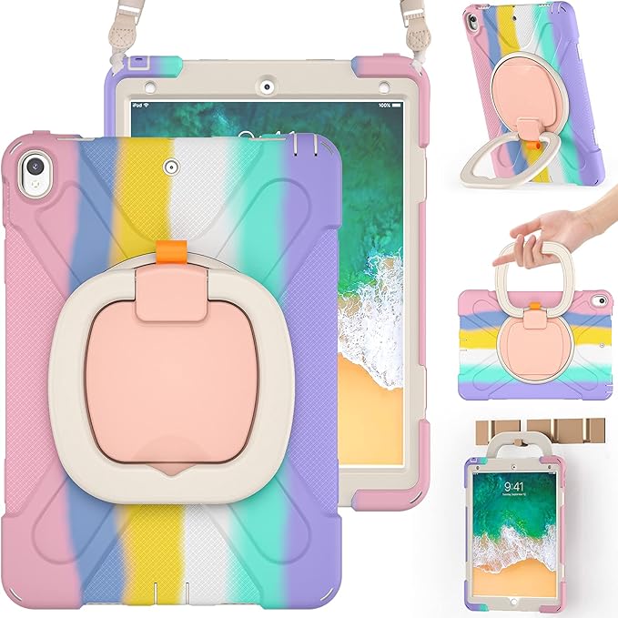 BRAECN iPad Air 3 10.5" 2019 Case, Protective Silicone Case with Hand Grip, Pencil Holder, Kickstand, Shoulder Strap for iPad Air 10.5" (3rd Gen)/iPad Pro 10.5 Inch-Colorful Pink