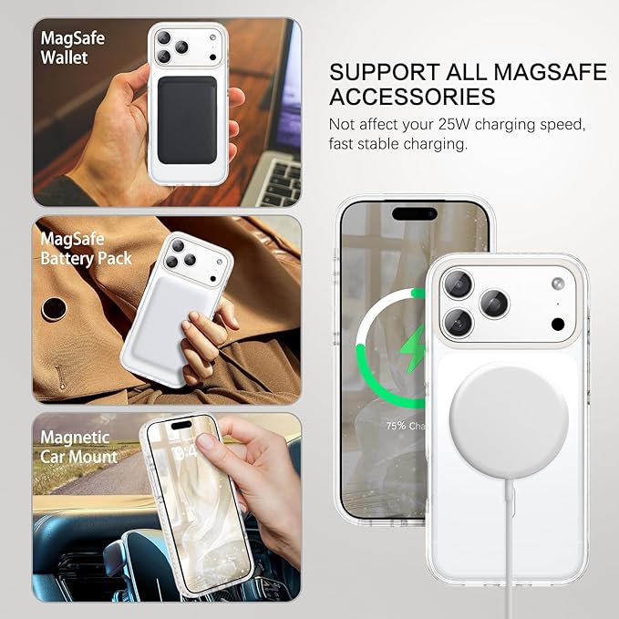 BENTOBEN Magnetic for iPhone 17 Pro Max 6.9" Case, Compatible with Magsafe Military Shockproof Protective Bumper Cute Transparent Slim Anti-Yellowing Phone Case for iPhone 17 ProMax Cover,Clear White