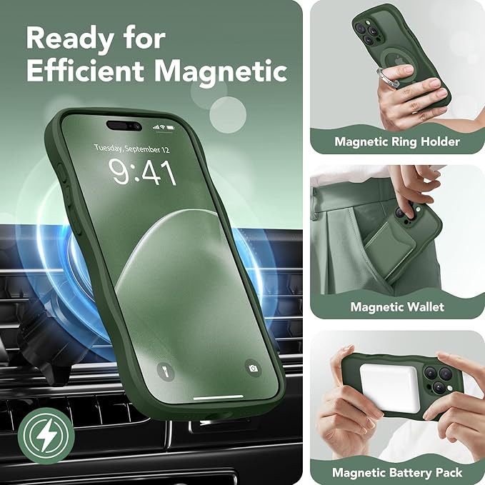 CAPRARO for iPhone 16 Pro Max Case for Women Girls, Upgraded [Full Camera Protection] [Compatible with MagSafe] Cute Wave Translucent Matte Phone Case for iPhone 16 Pro Max, Deep Green