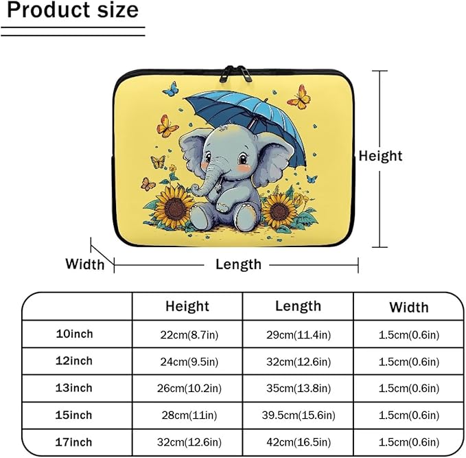 Sunflower Elephant Computer Sleeve for Women Laptop Sleeve 15inch Neoprene Laptop Covers with Padded Compartment Lap Top Case Teen Girls Cute Computer Carrying Bag