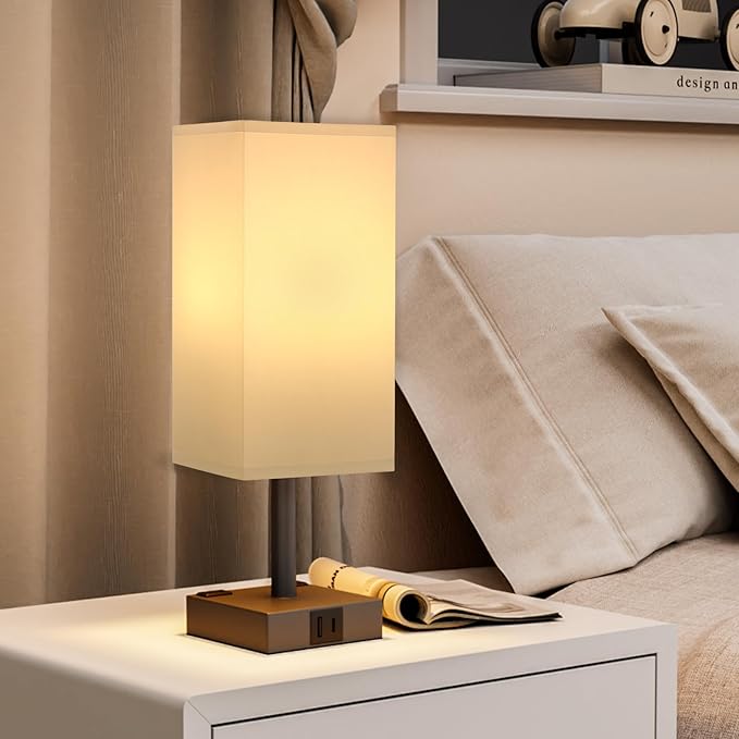 Touch Bedside Table Lamp For Nightstand - 3-Way Dimmable Night Lamp with USB A + Type C Charging Ports and two AC Outlets, Small Desk Light with E26 LED Bulb for Bedroom Living Room ,WHITE BLACK