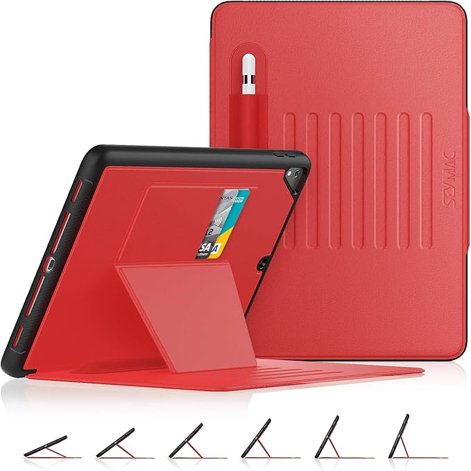 SEYMAC stock Case for iPad 6th/5th Generation/Air 2/Pro 9.7'', Strong Magnetic Auto Sleep Shockproof Case with Absorbing Multi-Angles Stand, Pen Holder, Card Slot (Red)