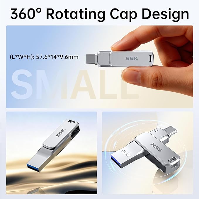 SSK 256GB Dual USB Flash Drive USB C Thumb Drive, up to 220 MB/s Type-C and USB-A 3.2 FlashDrive Memory Stick, Zinc Pendrive for iPhone 15/16Pro/Win/Android OTG