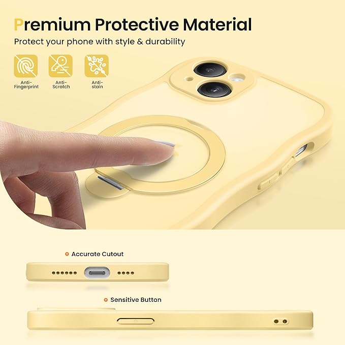 CAPRARO for iPhone 15 Case with 360° Spin Magnetic Stand for Women, [Compatible with MagSafe] [Full Camera Protection] Cute Wave Translucent Matte Case for iPhone 15, Jasmine Yellow
