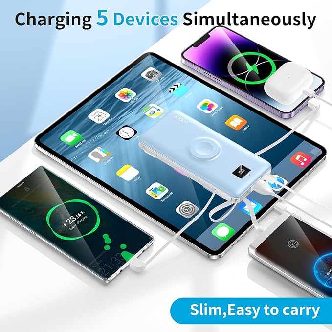 Portable Charger Built-in Cables, AC Wall Plug and Magnetic Wireless iWatch Charger, 10000mAh 22.5W PD Fast Charging Power Bank, Compact Battery Pack Travel Essentials for iPhone/Samsung/Apple Watch