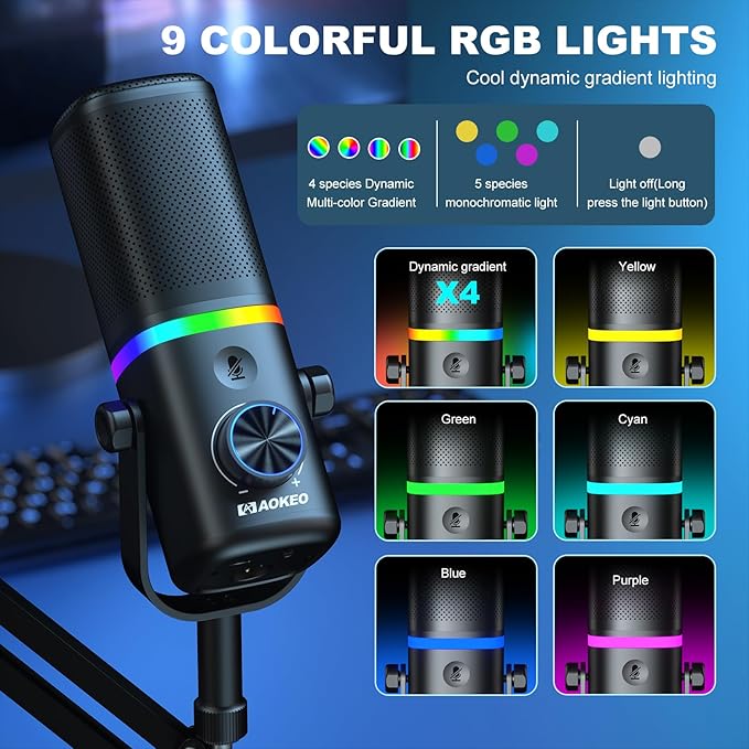 Aokeo AK-10 USB Gaming Microphone with mic arm, Condenser Microphone for PC/MAC/PS4/PS5/Phone-Cardioid Mic with RGB Lighting（White）
