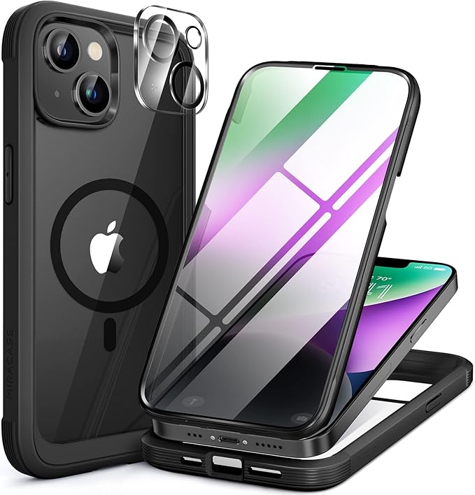 Miracase Glass Series Designed for iPhone 14 Plus Case 6.7 inch, Upgrade Full-Body Magnetic Clear Case with Built-in 9H Tempered Glass Screen Protector,Compatible with MagSafe, Black