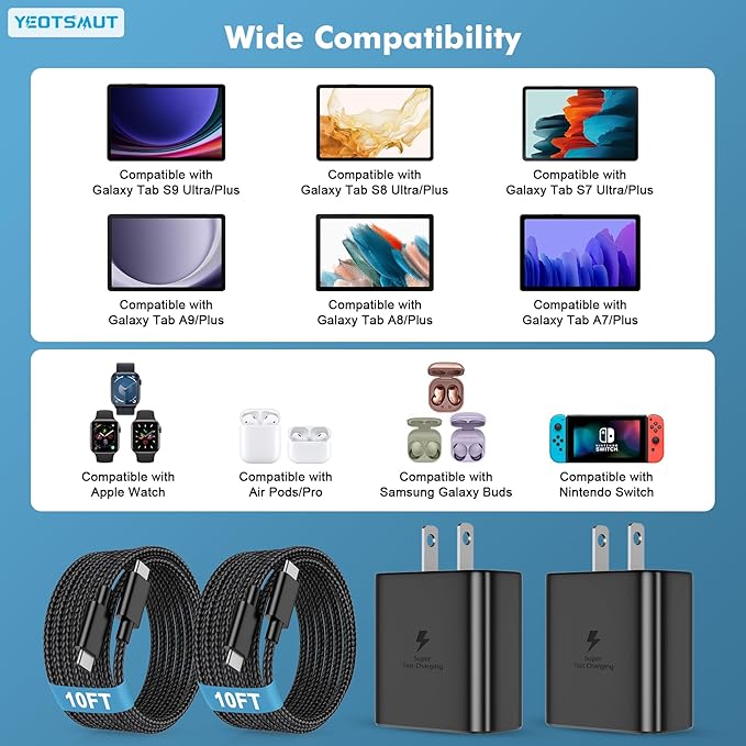 45W Fast Charger USB C, 45W Type C Fast Charger for Samsung Galaxy S25 Ultra/S25+/S24 Ultra/S24+/S23 Ultra/S23+/S22/S20, Tab 10FT Type C Cords
