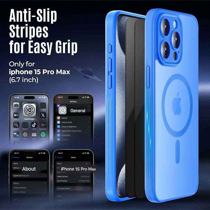Symcele Designed for iPhone 15 Pro Max Case, Compatible with MagSafe, with Privacy Screen Protectors X2, [Camera Protection] [15FT Military Drop Protection] Shockproof Phone Case, 6.7", Blue