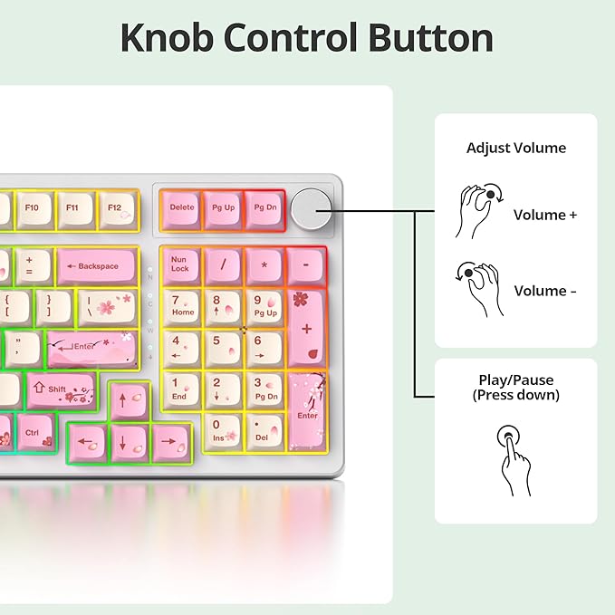 Wired Creamy Gaming Keyboard with Number Pad, 96% Hot-swappable Mechanical Keyboard, Full Layout Custom Key Board Gasket Mounted with Red Switch Knob Control(Pink)