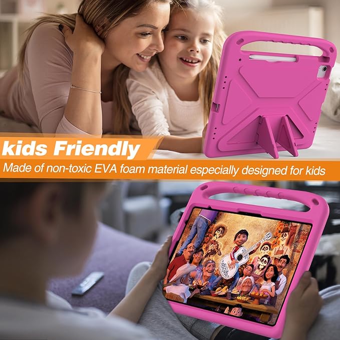 Kids Case for Apple iPad Air 13 inch Tablet M4/M3/M2 (2026/2025/2024) with Pencil Holder, Anti-Slip Handle Slim Lightweight Stand Shockproof Soft EVA Protective Silicone Bumper Cover, Rose