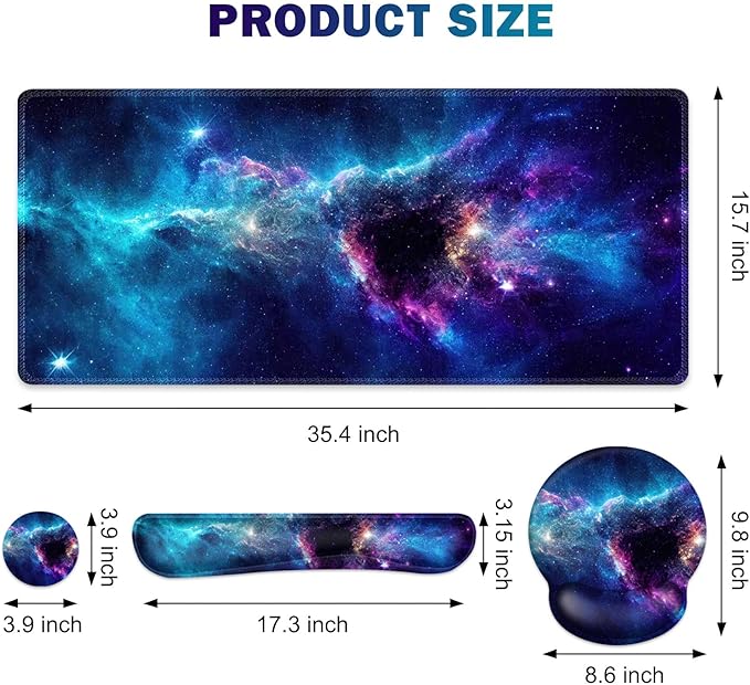 Gaming Mouse Pad, Large Desk Mat, Cute Desk Pad Protector, 4in1 XXL Mousepad + Keyboard Wrist Rest+Mouse Wrist Rest+Coaster Set with Ergonomic Desk Pad for Home Office Table Computer, Galaxy Space