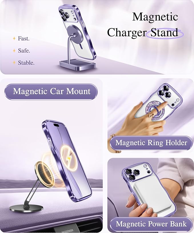 GVIEWIN for iPhone 17 Pro Case Compatible with MagSafe, Upgraded [Full Camera Protection][Cute Wave Frame][Military Grade Protection] Electroplated Hard Phone Cover for Women Girl, Clear/Purple