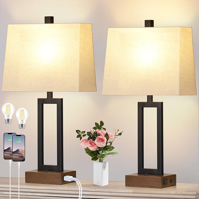 Rinweey 23.5" Table Lamps Set of 2, Modern Black Bedside Lamps with 2 USB Ports & AC Outlet, Contemporary Nightstand Lamps with Wood Base for Bedroom Living Room(LED Bulb Included)