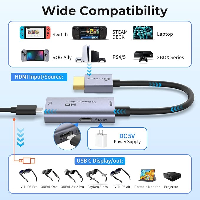Guermok HDMI to USB C Video Display Adapter, 4.9ft AR Glasses Hub, 4K@60Hz HDMI Male to USBC Female for XREAL One/Air 2Pro/RayNeo/Rokid, Switch 2/1, Xbox1, PS4/5, Portable Monitors, Silver