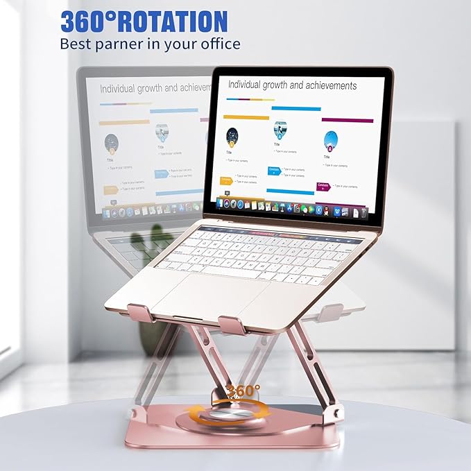 Laptop Stand for Desk, Adjustable Computer Stand with 360° Rotating Base, Ergonomic Laptop Riser for Collaborative Work, Foldable & Portable Laptop Stand, fits for All 10-16" Laptops (Rose Gold)