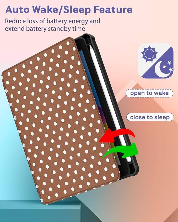 Uppuppy for iPad mini 7 Case (A17 Pro) for iPad mini 6th Generation Case - 360 Rotating Stand Folio Smart Cover with Pencil Holder for Women Girl, Brown Polka for Apple Tablet Mini 8.3 inch 2024/2021