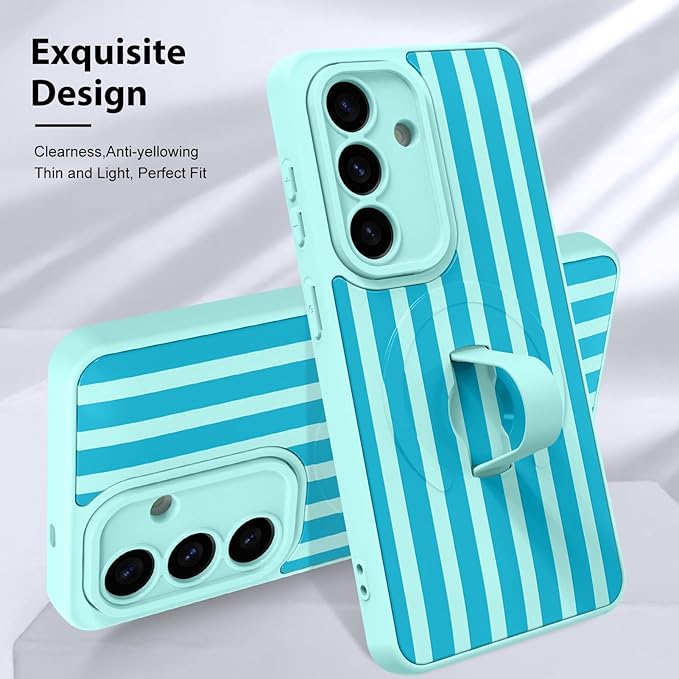 KANGHAR Compatible with Samsung Galaxy S26 Case, Support for MagSafe, Silicone Stripes Cute Pattern, Wristband Kickstand Camera Protection Soft Slim Cover for Girls Women -Blue