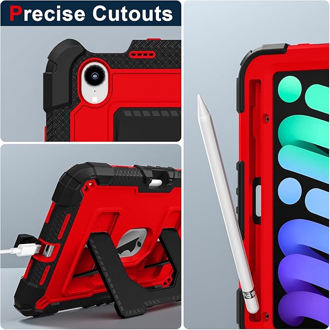 Kids Friendly Case for Apple iPad mini 7 A17 Pro 2024/iPad Mini 6 2021 8.3 Inch 7th/6th Gen Case with Pencil Holder & Shoulder Strap, Shockproof Kickstand Hard Shell Protective Cover,Black+Red