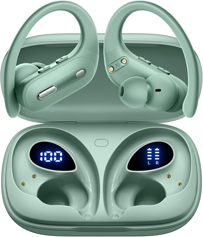 GNMN Active Noise Cancelling Bluetooth Headphones Wireless Earbuds 90 Hrs Playtime Ear Buds with Hi-Res Stereo Deep Bass Power Display Earphones with Earhooks Waterproof Transparency Headset