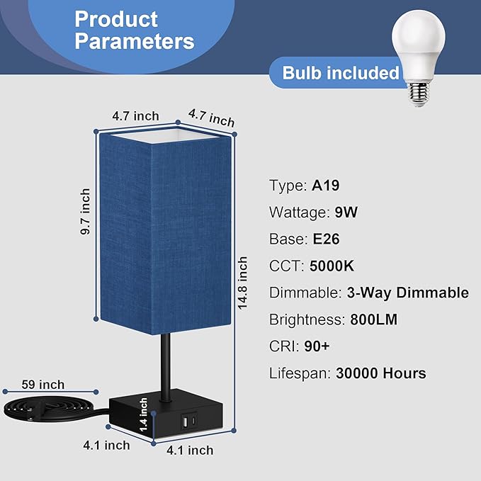 Bedside Table Lamp for Bedroom, 3 Way Dimmable Touch Lamp with USB C+A Charging Ports, Small Nightand Lamps for Bedroom Decor, Living Room, LED Bulbs Included, Upgraded Navy Blue