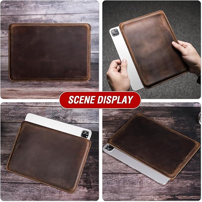 Top Grain Leather 11" Sleeve Slim Protector Case for Tablet, Solid Vintage Design, Fully Handmade, Compatible with 10.5"/10.9"/11" iPad Pro/Air, 10.2" iPad 7th/8th/9th Gen, Coffee 11 Inch