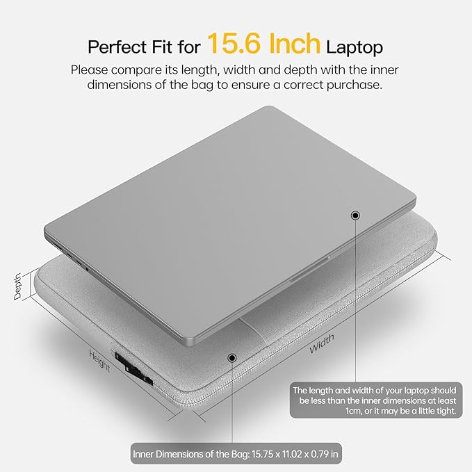 Laptop Sleeve Case 15.6 16 inch, Shockproof Protective Computer Carrying Cover with Accessory Pocket, Water-Resistant Travel Laptop Bag for HP, Dell, Lenovo, Acer, ASUS, Chromebook -Grey