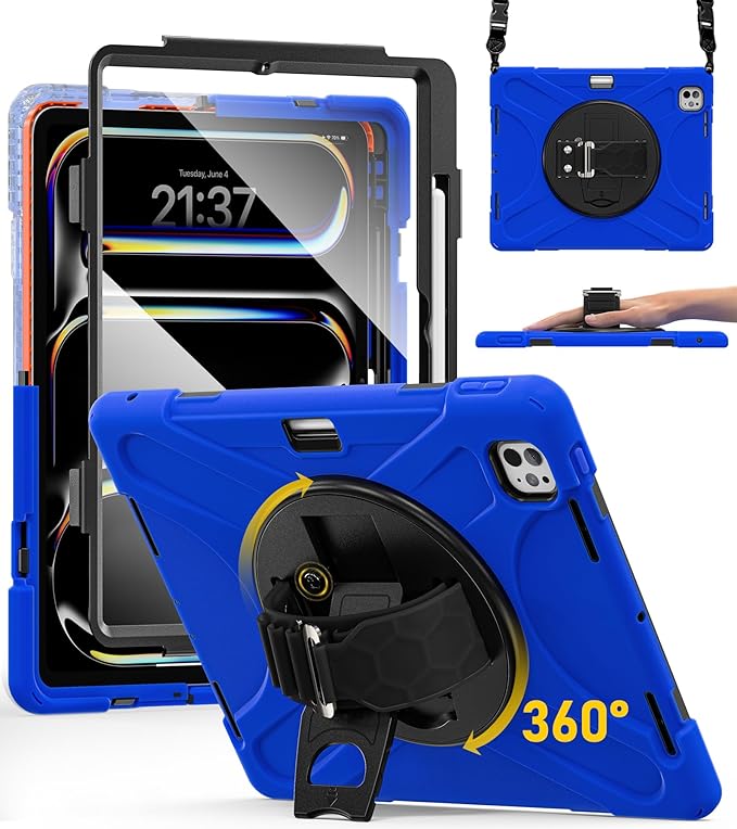 BRAECN for iPad Pro 13 inch Case M5 2025 & M4 2024 Heavy Duty Shockproof Protective with Pencil Holder Screen Protector 360°Rotating Stand Handle & Shoulder Strap Full Body Cover Kids Friendly
