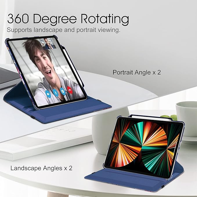 Fintie Rotating Case for iPad Pro 12.9-inch 6th Generation 2022-360 Degree Swiveling Protective Cover with Pencil Holder, Auto Sleep/Wake, Also Fit iPad Pro 12.9" 5th/4th/3rd Gen, Blooming Hibiscus