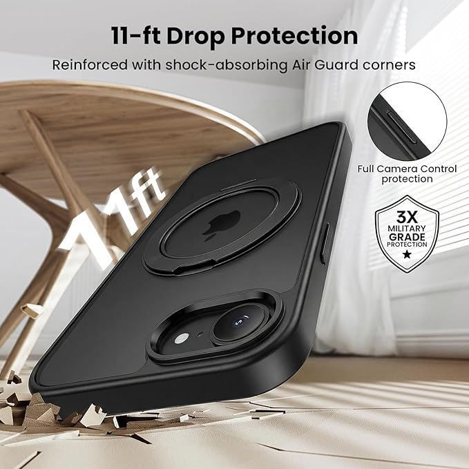 360°Ring Stand for iPhone 16E/17E Case with 2X Screen Protector,Fit for MagSafe, Anti-Yellowing & Scratch-Resistant Back Phone Case for iPhone 16E/17E 6.1", Black