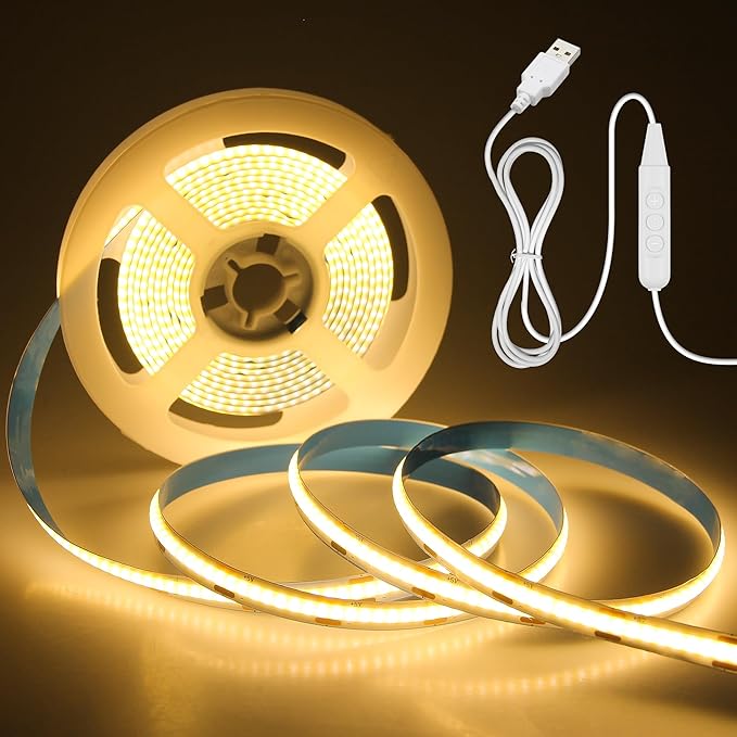 Aclorol USB COB LED Strip Lights Warm White LED TV Backlight 5V 3000K Dimmable LED Flexible Strip Light 9.84FT 960LEDS with 1.5M USB Cable for Bedroom Monitor Showcase Cabinet DIY Lighting CRI85+