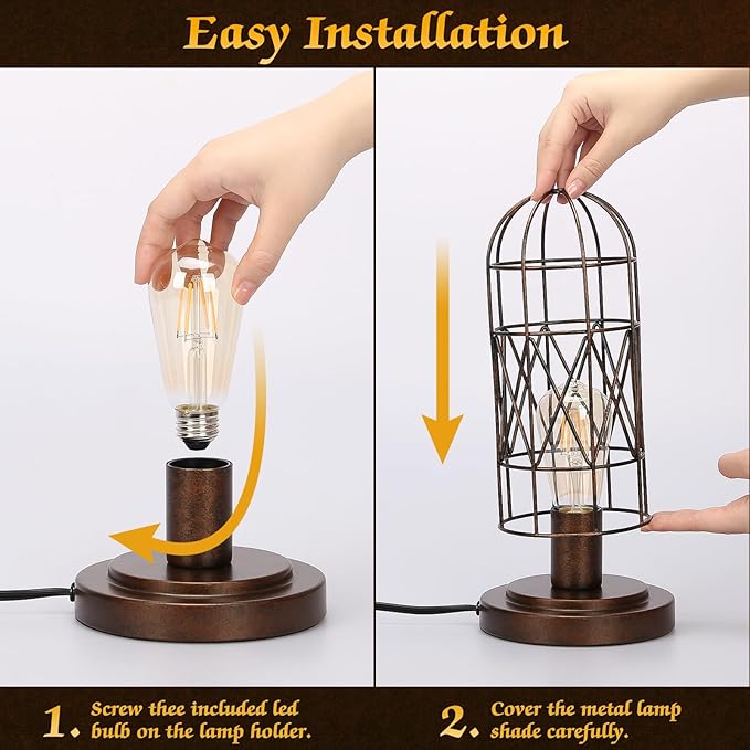 Seaside village Small Touch Lamp, Industiral Bedside Table Lamps with Antique Bronze Cage, 3 Way Dimmable Nightstand Steampunk Edison Lamp for Bedroom Living Room Kitchen, LED Bulb Included