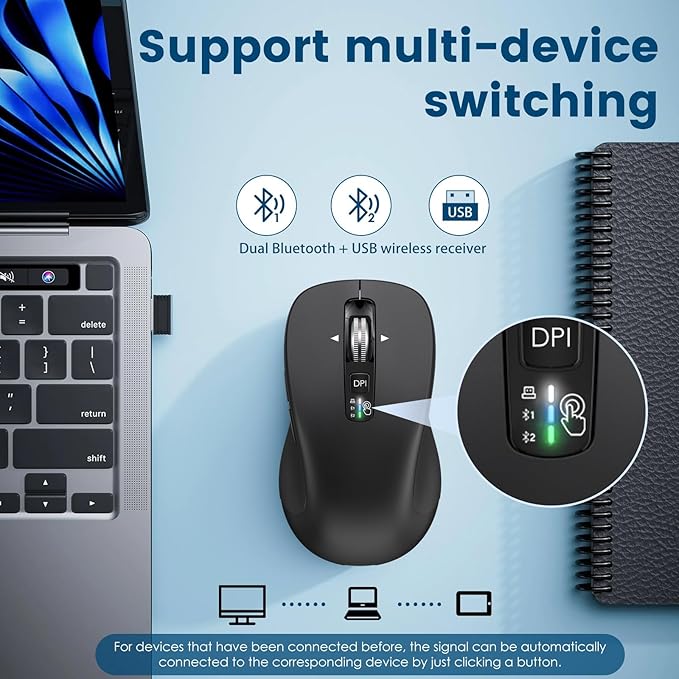 CITLLA Wireless Bluetooth Mouse (USB + BT1 + BT2), Full Size, 4-Way Scrolling, Multi-Device Silent Mouse for Computer, Laptop, iPad, MacBook (Black)