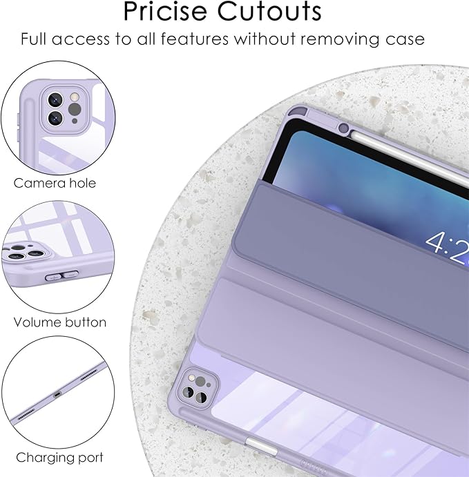 Soke for New iPad Air 13 Inch Case (M3 2025/M2 2024) with Pencil Holder, [Auto Wake/Sleep + Camera Protection] Shockproof Cover with Clear Transparent Back for Apple iPad Pro 12.9", Gray Purple