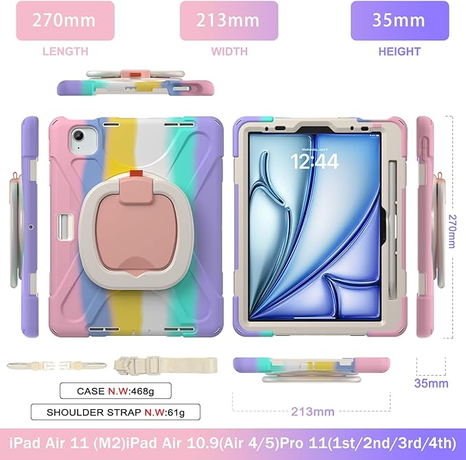 TSQQST Case for iPad Air 11 Inch M4 2026/M3 2025/M2 2024, Cover for iPad Air 5th 4th Generation 10.9"/Pro 11 4th/3rd/2nd/1st Heavy Duty Shockproof Case w/Screen Protector+Handle Grip+Strap, Rainbow