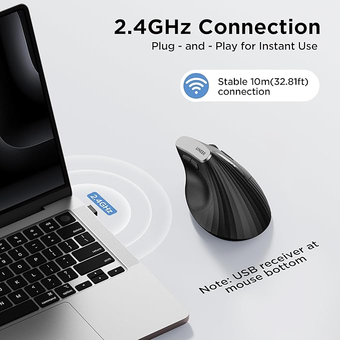 Uineer Ergonomic Vertical Wireless Mouse, 2.4G with USB Receiver, 2400 DPI Optical Sensor, 4 Adjustable DPI Levels, Rechargeable with Battery Indicator, Wide Compatibility with Windows & Mac OS-Black