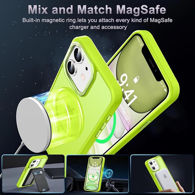 Newfuture Designed for iPhone 11 Case with Strong Magnetic [13 FT Military Drop Protection] [Compatible with Magsafe] Translucent Matte Shockproof with Anti-Fingerprint Phone Case, Fluorescent Green