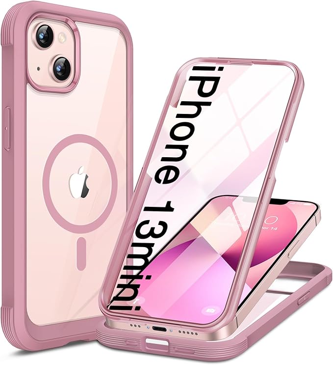 Miracase for iPhone 13 mini Case 5.4",Full-Body Protection,Clear Bumper Case with Built-in 9H Tempered Glass Screen Protector,Military-Grade Drop Protection Outdoor Phone Case for 13 mini,Dark Pink