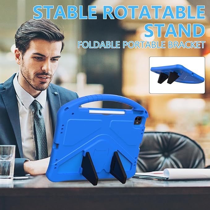 Kids Case for iPad Air 13 inch M4/M3/M2 (2026/2025/2024) with Pencil Holder/Shockproof Handle/Kickstand/Slim Lightweight Soft EVA Foam Folio Stand Tablet Protective Girls Boys Cover, Blue