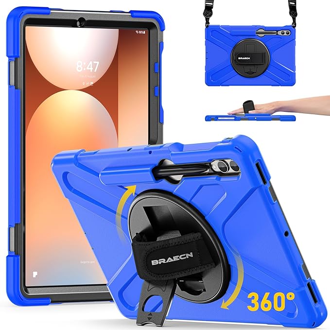 BRAECN for Samsung Galaxy Tab S10 Plus Case 2024/S9 Plus/S9 FE+/S8 Plus/S7 Plus /S7 FE 12.4 Inch,Heavy Duty Shockproof Case with S Pen Holder&360 Rotating Hand Strap/Kickstand Shoulder Strap,Blue