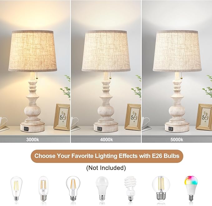 Drawealth Table Lamps for Bedrooms Set of 2 Farmhouse Bedside Lamps for Nightstand with USB Charging Ports Traditional Side Table Lamps for Living Room Wooden Finish, Pull Chain, Bulbs Not Included