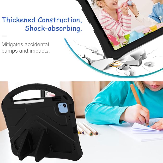 Kids Case for iPad A16 11th/10th Generation 2022/2025 11-Inch iPad Cover with Pencil Holder, Techcircle Lightweight Shockproof EVA Foam Rugged Handle Stand Anti-Slip Grip Protective Case, Black